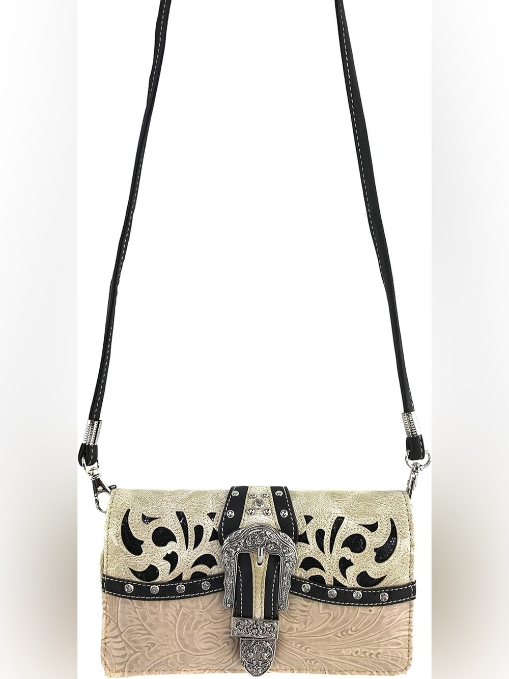 Zelris Beige Western Rhinestone Buckle Crossbody/Wristlet & Trifold Wallet NWT